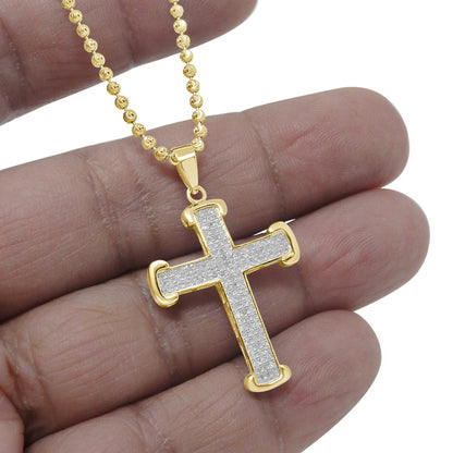 Real Genuine Diamond 0.40 Cwt Jesus Cross Pendant 10K Gold Finish Mini Charm 1.40'' + Chain