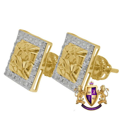 Real Genuine Diamond 0.44 Cwt. Nugget Style Small Square 9mm Earrings Stud 10K Gold Finish Unisex