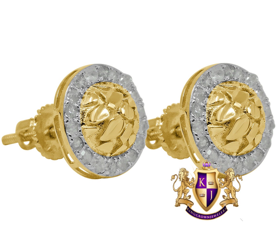 Real Genuine Diamond 0.33Cwt. Nugget Style Small Round 9mm Earrings Stud 10K Gold Finish Unisex