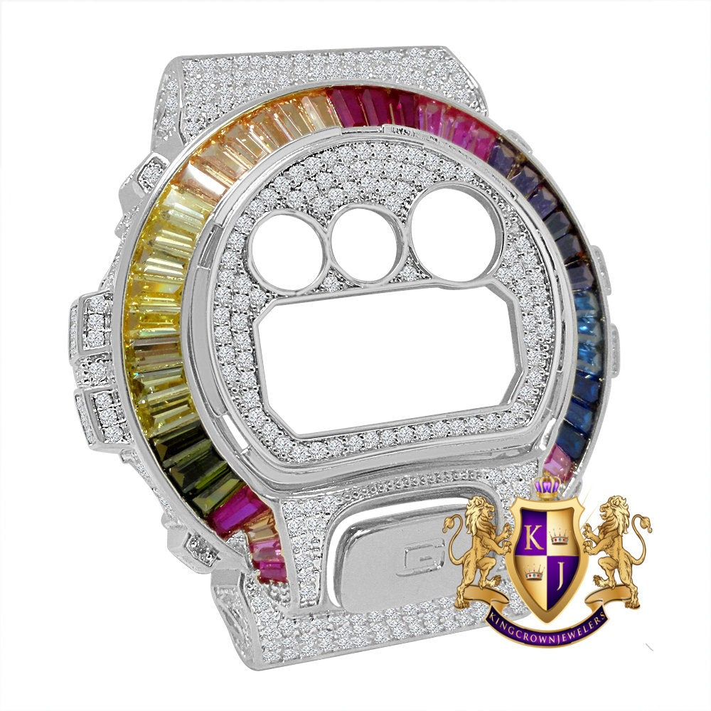 Baguette Rainbow Multi White Gold Tone G Shock DW-6900 Simulated Diamond Watch Custom Cover Case Face Plate + Bezel + G Button 3 Piece Set