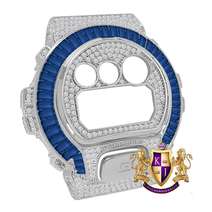 Baguette Sapphire Blue White Gold Tone G Shock DW-6900 Simulated Diamond Watch Custom Cover Case Face Plate + Bezel + G Button 3 Piece Set
