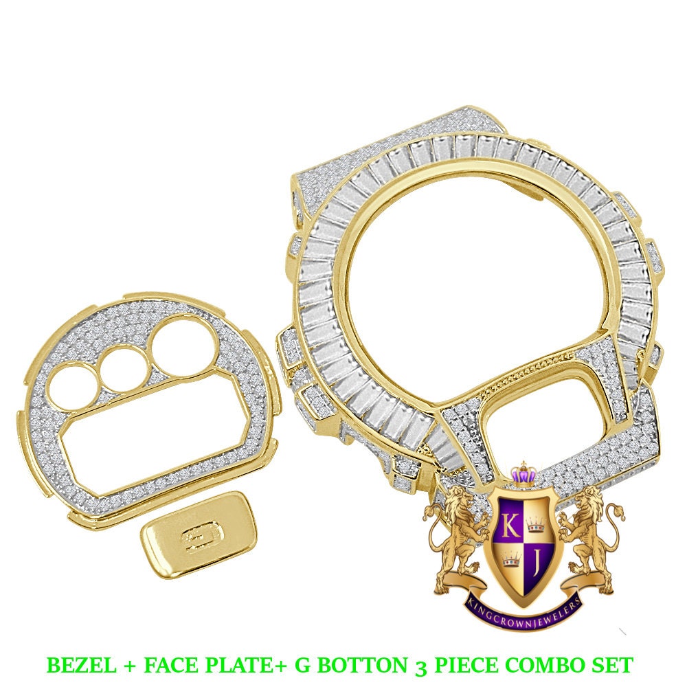 Baguette Yellow Gold Finish G Shock DW-6900 Simulated Diamond Watch Custom Cover Case Face Plate + Bezel + G Button 3 Piece Set