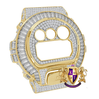 Baguette Yellow Gold Finish G Shock DW-6900 Simulated Diamond Watch Custom Cover Case Face Plate + Bezel + G Button 3 Piece Set