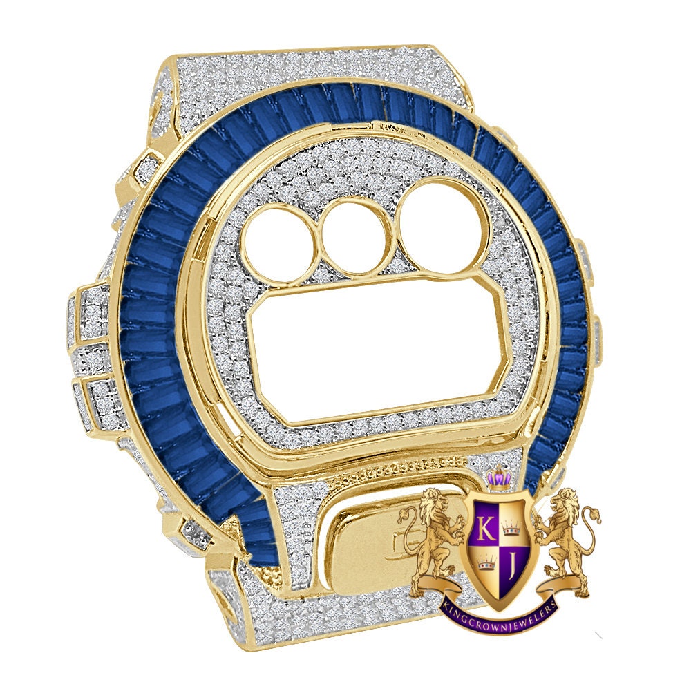 Baguette Sapphire Blue Yellow Gold Tone G Shock DW-6900 Simulated Diamond Watch Custom Cover Case Face Plate + Bezel + G Button 3 Piece Set