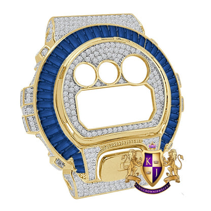 Baguette Sapphire Blue Yellow Gold Tone G Shock DW-6900 Simulated Diamond Watch Custom Cover Case Face Plate + Bezel + G Button 3 Piece Set
