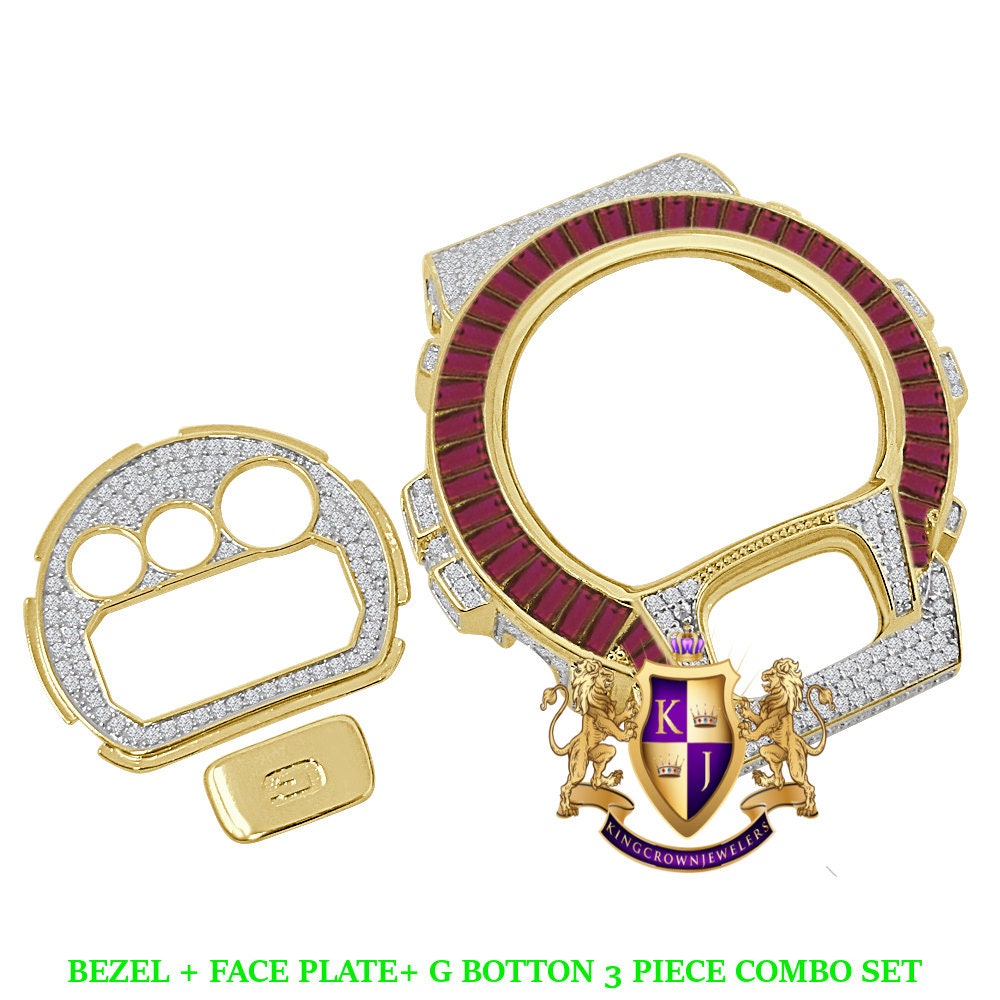 Baguette Pink Yellow Gold Tone G Shock DW-6900 Simulated Diamond Watch Custom Cover Case Face Plate + Bezel + G Button 3 Piece Set