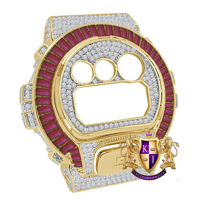 Baguette Pink Yellow Gold Tone G Shock DW-6900 Simulated Diamond Watch Custom Cover Case Face Plate + Bezel + G Button 3 Piece Set