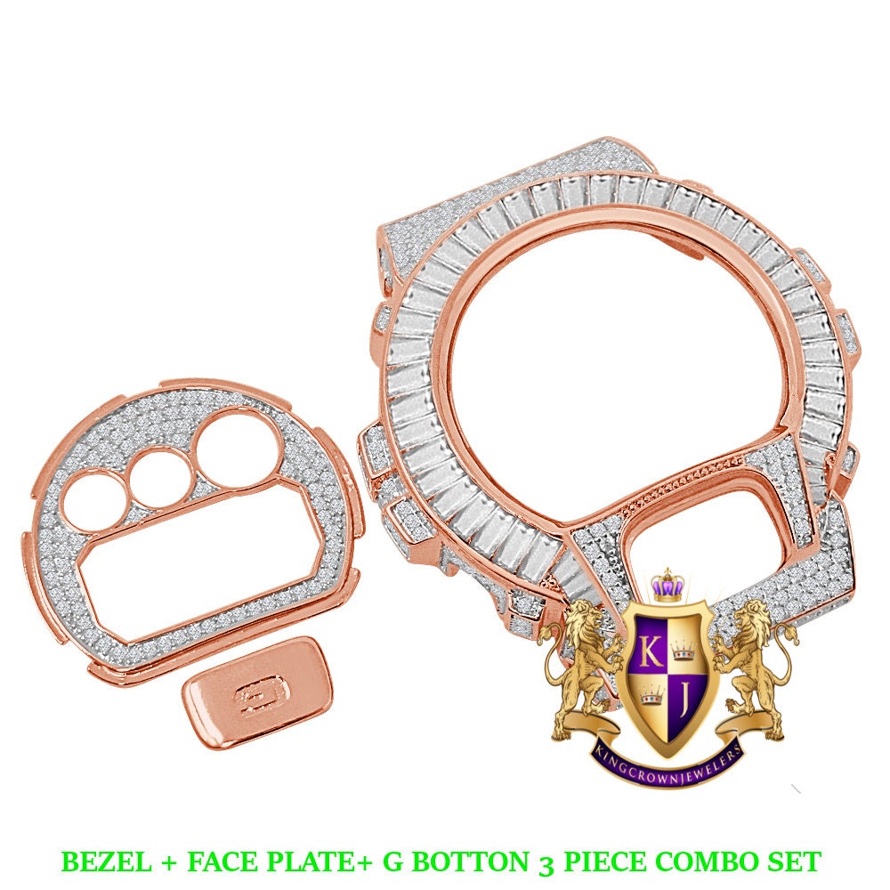 Baguette Rose Gold Finish G Shock DW-6900 Simulated Diamond Watch Custom Cover Case Face Plate + Bezel + G Button 3 Piece Set