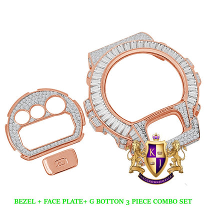 Baguette Rose Gold Finish G Shock DW-6900 Simulated Diamond Watch Custom Cover Case Face Plate + Bezel + G Button 3 Piece Set