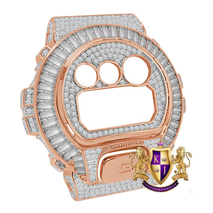 Baguette Rose Gold Finish G Shock DW-6900 Simulated Diamond Watch Custom Cover Case Face Plate + Bezel + G Button 3 Piece Set