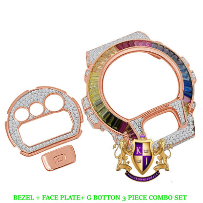 Baguette Rainbow Multi Rose Gold Tone G Shock DW-6900 Simulated Diamond Watch Custom Cover Case Face Plate + Bezel + G Button 3 Piece Set