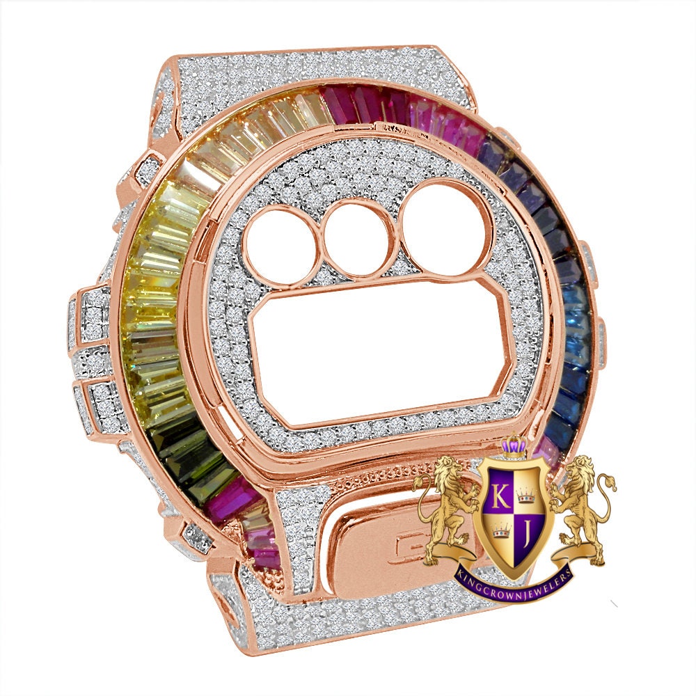 Baguette Rainbow Multi Rose Gold Tone G Shock DW-6900 Simulated Diamond Watch Custom Cover Case Face Plate + Bezel + G Button 3 Piece Set