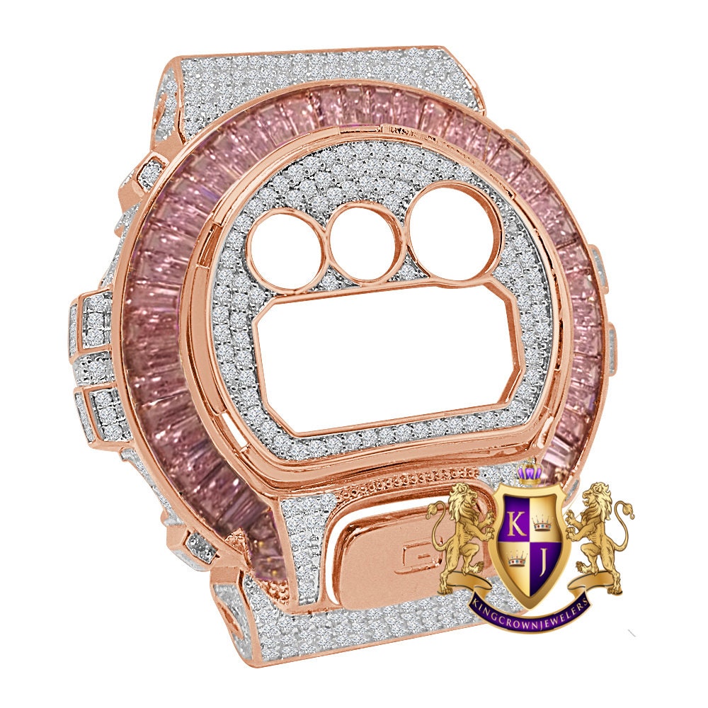 Baguette Soft Pink Rose Gold Tone G Shock DW-6900 Simulated Diamond Watch Custom Cover Case Face Plate + Bezel + G Button 3 Piece Set