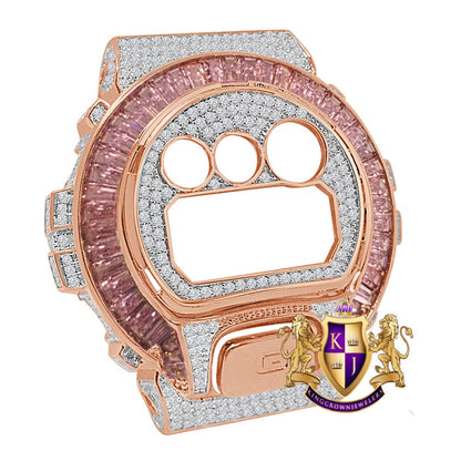 Baguette Soft Pink Rose Gold Tone G Shock DW-6900 Simulated Diamond Watch Custom Cover Case Face Plate + Bezel + G Button 3 Piece Set