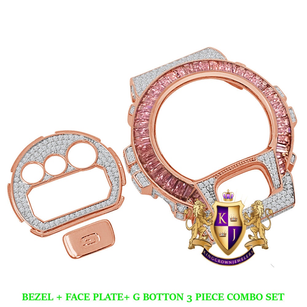 Baguette Soft Pink Rose Gold Tone G Shock DW-6900 Simulated Diamond Watch Custom Cover Case Face Plate + Bezel + G Button 3 Piece Set