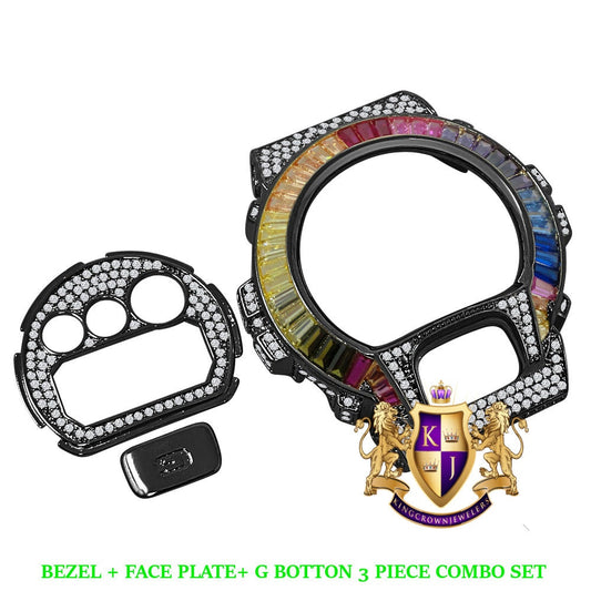 2 Tone Black Gold Baguette Rainbow Multi G Shock DW-6900 Simulated Diamond Watch Custom Cover Case Face Plate + Bezel + G Button 3 Piece