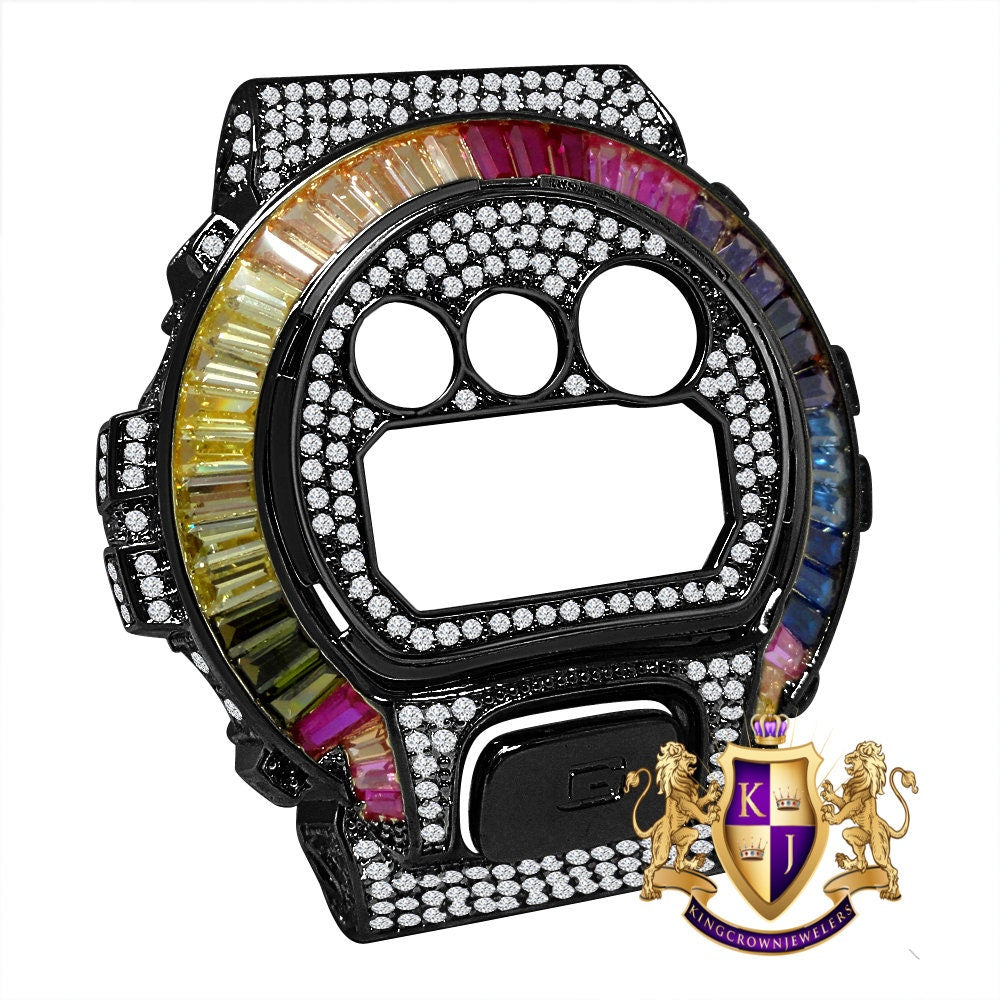 2 Tone Black Gold Baguette Rainbow Multi G Shock DW-6900 Simulated Diamond Watch Custom Cover Case Face Plate + Bezel + G Button 3 Piece