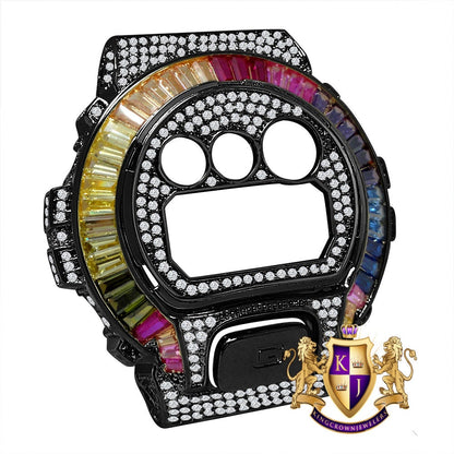 2 Tone Black Gold Baguette Rainbow Multi G Shock DW-6900 Simulated Diamond Watch Custom Cover Case Face Plate + Bezel + G Button 3 Piece