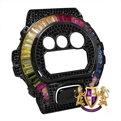 Baguette Rainbow Multi Black Gold G Shock DW-6900 Simulated Diamond Watch Custom Cover Case Face Plate + Bezel + G Button 3 Piece Set