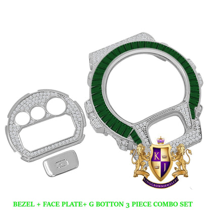 Baguette Emerald Green White Gold Tone G Shock DW-6900 Simulated Diamond Watch Custom Cover Case Face Plate + Bezel + G Button 3 Piece Set