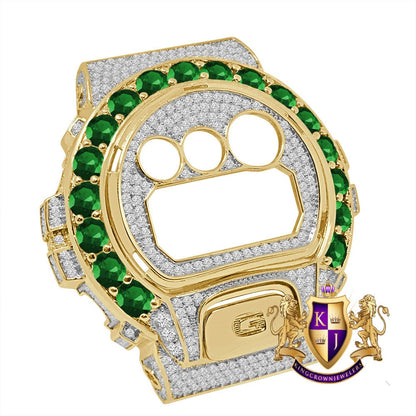Solitaire Emerald Green Yellow Gold G Shock DW-6900 Simulated Diamond Watch Custom Cover Case Face Plate + Bezel + G Button 3 Piece Set