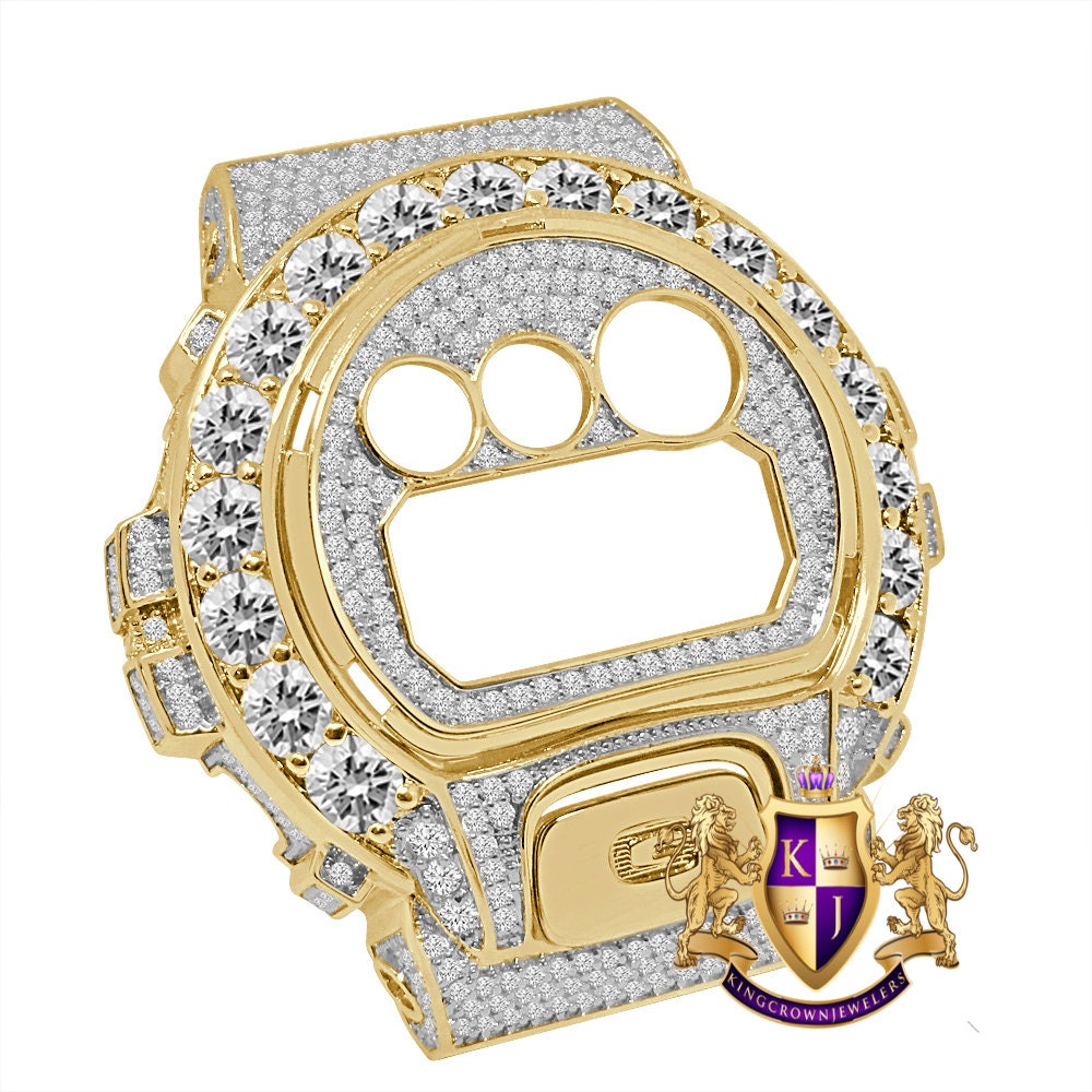 Solitaire Yellow Gold Finish G Shock DW-6900 Simulated Diamond Watch Custom Cover Case Face Plate + Bezel + G Button 3 Piece Set