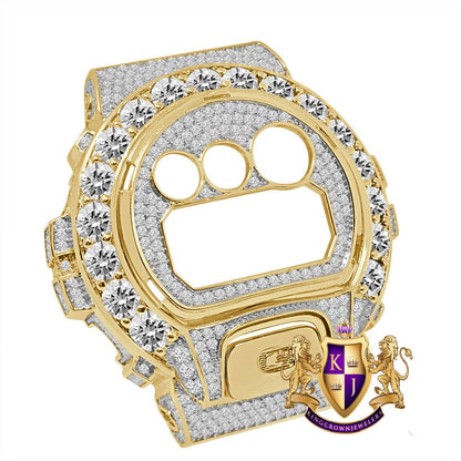 Solitaire Yellow Gold Finish G Shock DW-6900 Simulated Diamond Watch Custom Cover Case Face Plate + Bezel + G Button 3 Piece Set
