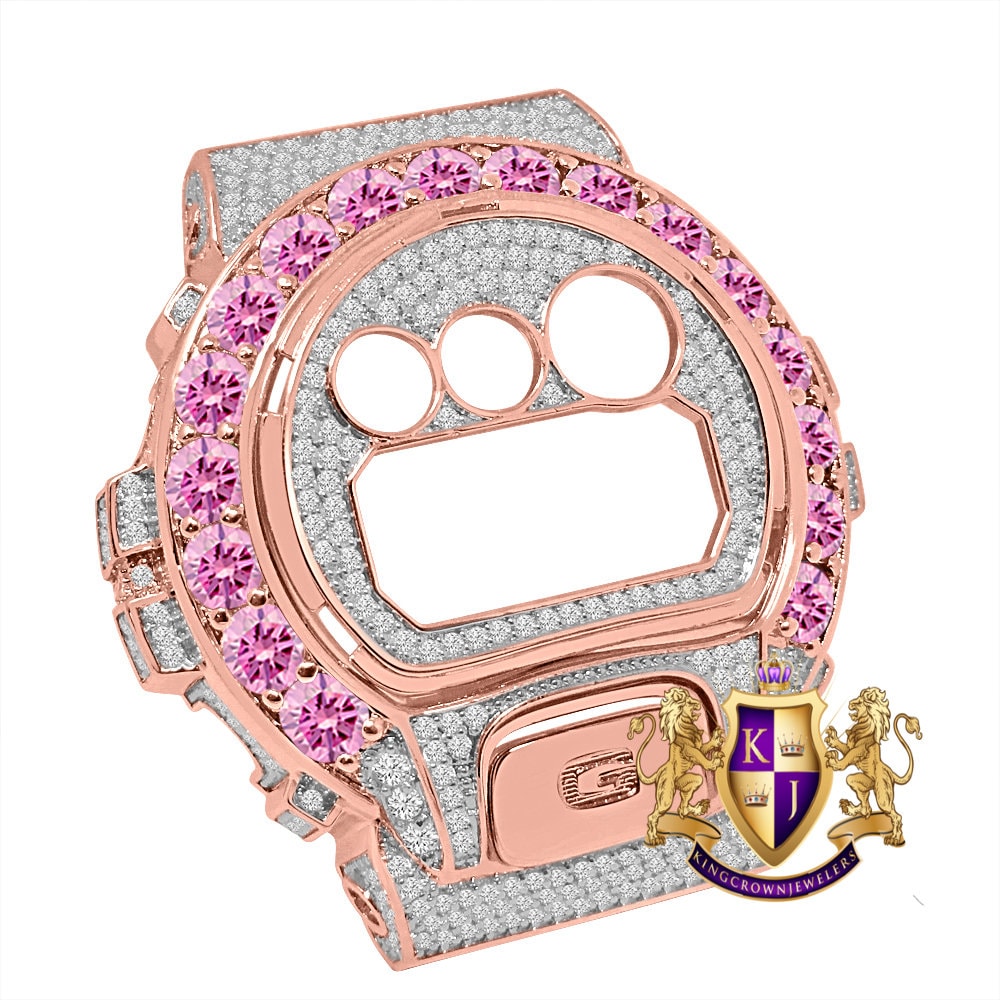 Solitaire Soft Pink Rose Gold Tone G Shock DW-6900 Simulated Diamond Watch Custom Cover Case Face Plate + Bezel + G Button 3 Piece Set