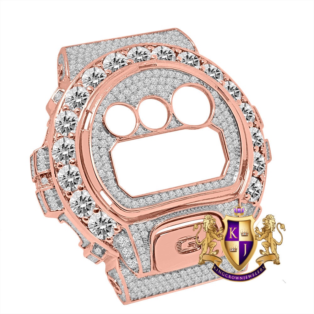 Solitaire Rose Gold Finish G Shock DW-6900 Simulated Diamond Watch Custom Cover Case Face Plate + Bezel + G Button 3 Piece Set