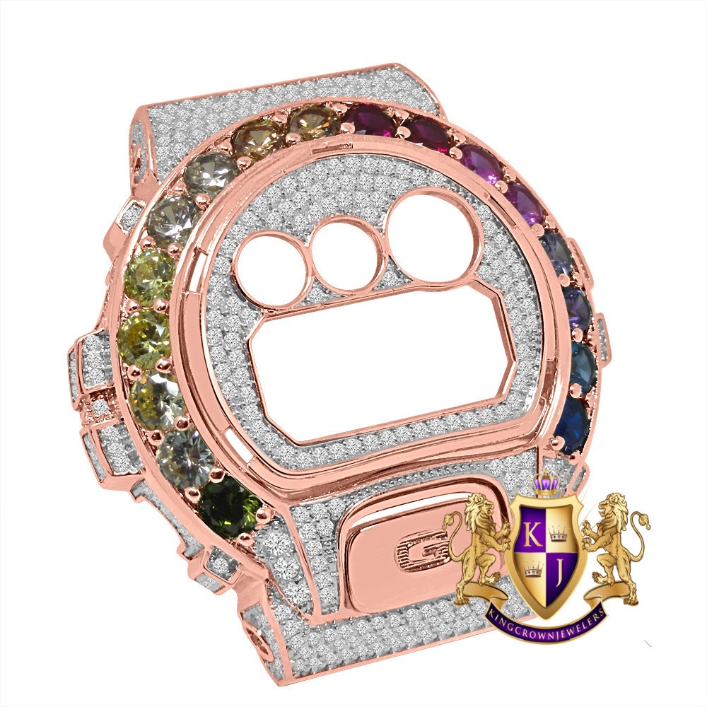 Solitaire Rainbow Multi Rose Gold Tone G Shock DW-6900 Simulated Diamond Watch Custom Cover Case Face Plate + Bezel + G Button 3 Piece Set