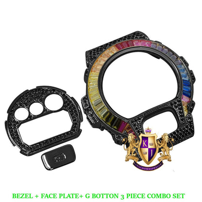 Baguette Rainbow Multi Black Gold G Shock DW-6900 Simulated Diamond Watch Custom Cover Case Face Plate + Bezel + G Button 3 Piece Set