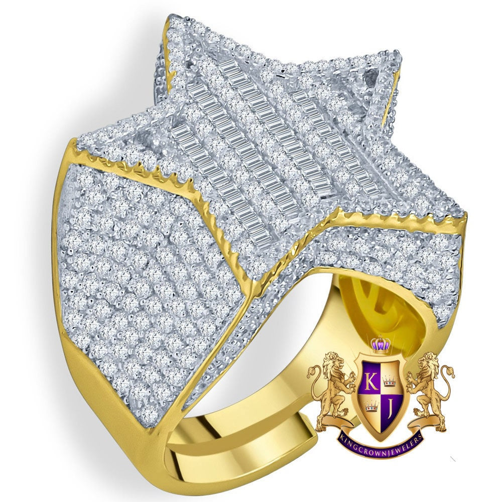 Real Sterling Silver 14K Yellow Gold Finish Lab Diamond Designer Baguette Men's Star Ring Band Big Bold