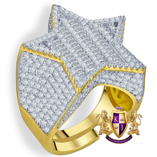 Real Sterling Silver 14K Yellow Gold Finish Lab Diamond Designer Baguette Men's Star Ring Band Big Bold