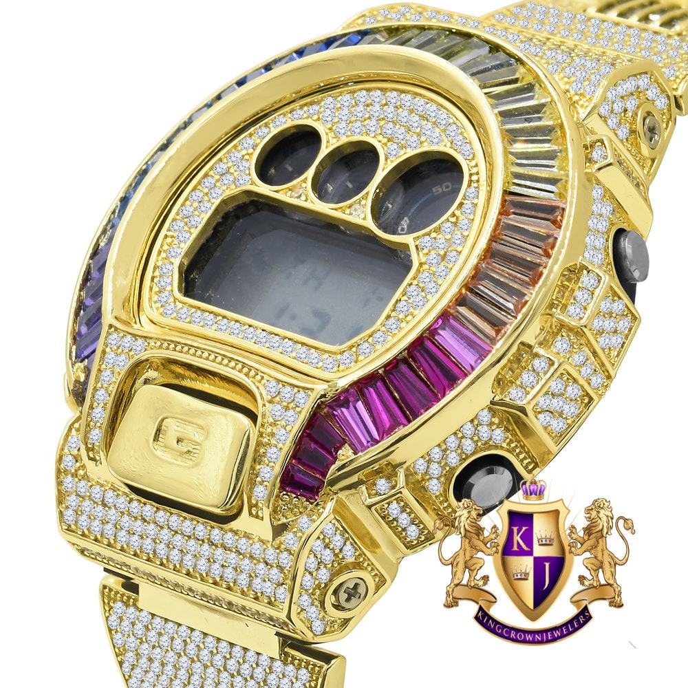 Adjustable Size Watch Baguette Round Cut Diamonds Rainbow Multi Tone Authentic Custom Casio G-Shock DW6900 Mens Yellow Gold Finish
