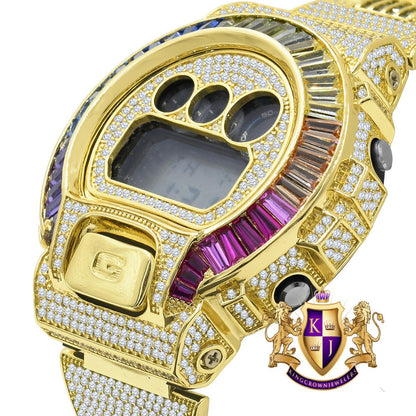 Adjustable Size Watch Baguette Round Cut Diamonds Rainbow Multi Tone Authentic Custom Casio G-Shock DW6900 Mens Yellow Gold Finish