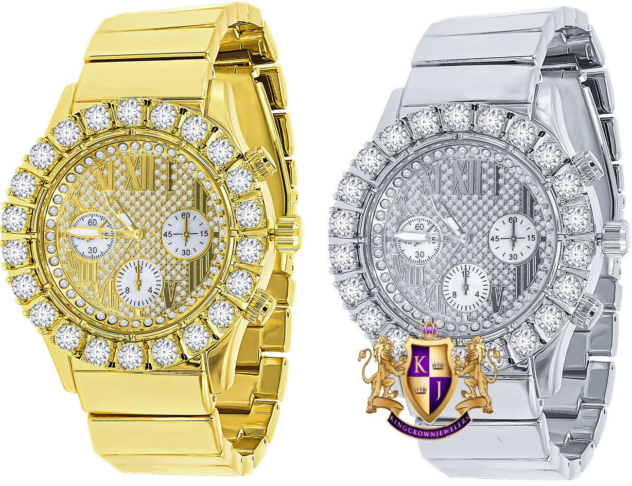 Roman Face Men's Solid Stainless Steel Back 18k Gold Finish Water Resistance Simulated Diamond Metal Watch