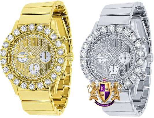 Roman Face Men's Solid Stainless Steel Back 18k Gold Finish Water Resistance Simulated Diamond Metal Watch
