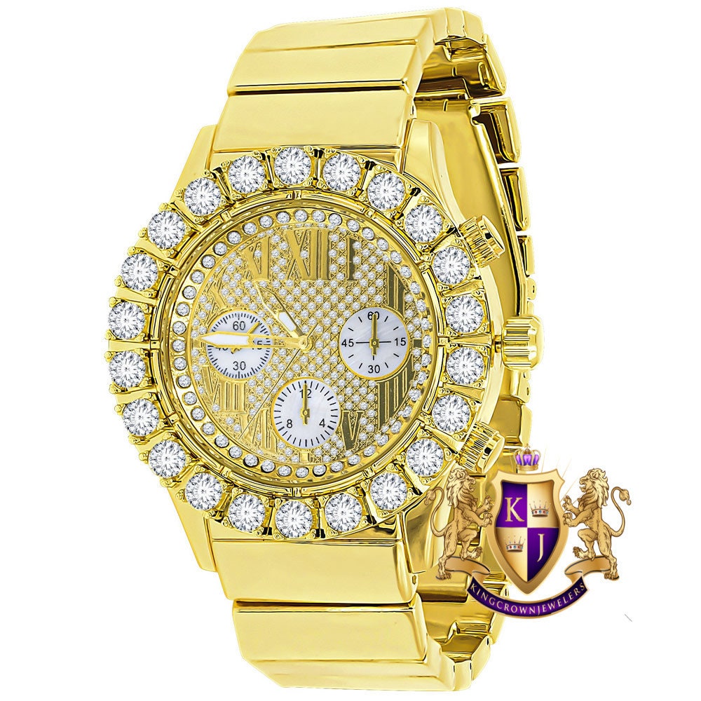 Roman Face Men's Solid Stainless Steel Back 18k Gold Finish Water Resistance Simulated Diamond Metal Watch