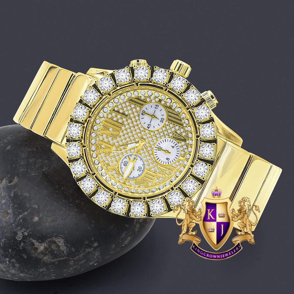 Roman Face Men's Solid Stainless Steel Back 18k Gold Finish Water Resistance Simulated Diamond Metal Watch