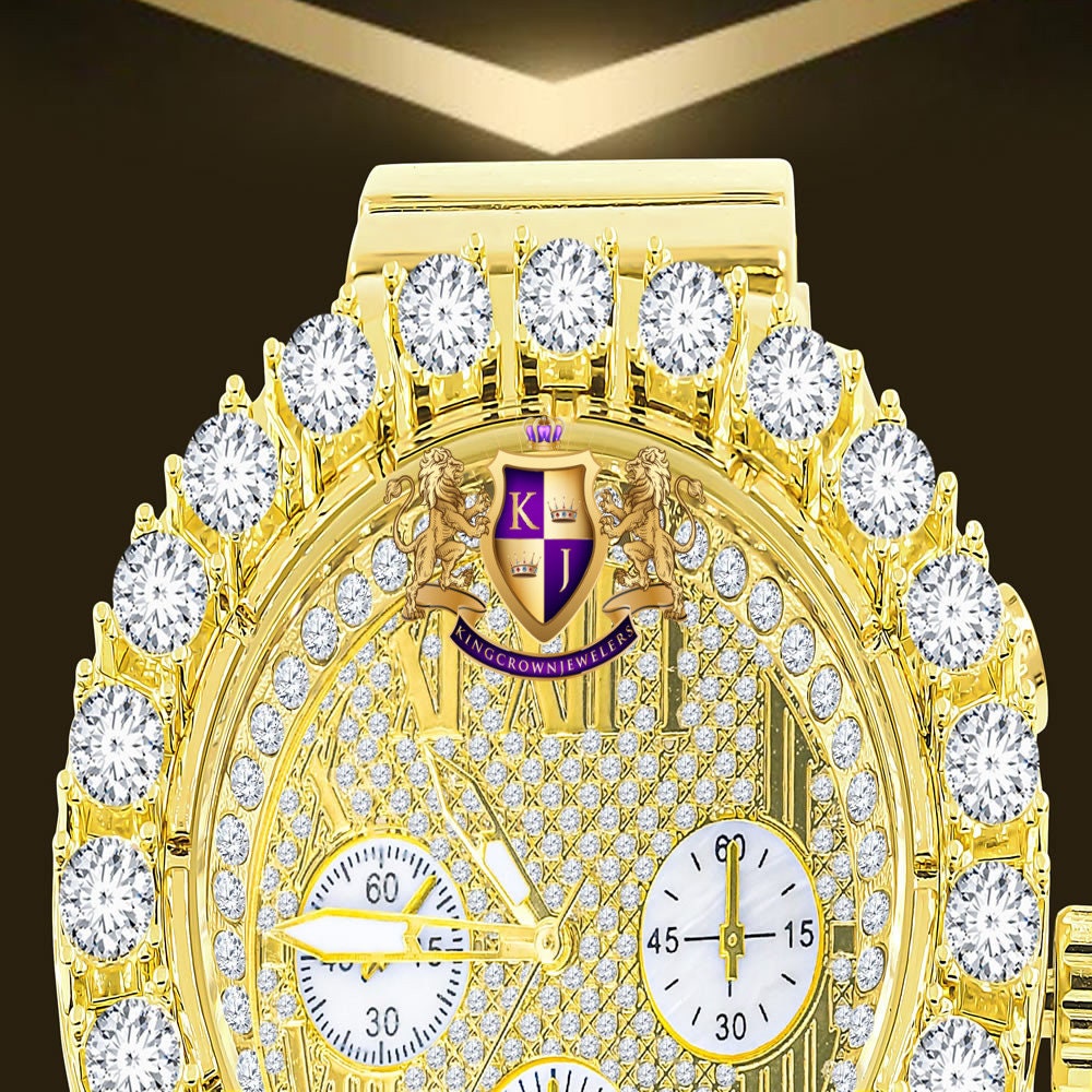 Roman Face Men's Solid Stainless Steel Back 18k Gold Finish Water Resistance Simulated Diamond Metal Watch