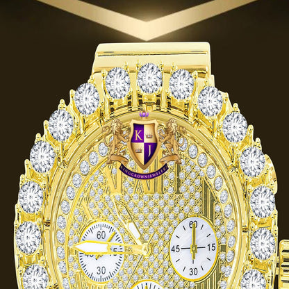 Roman Face Men's Solid Stainless Steel Back 18k Gold Finish Water Resistance Simulated Diamond Metal Watch