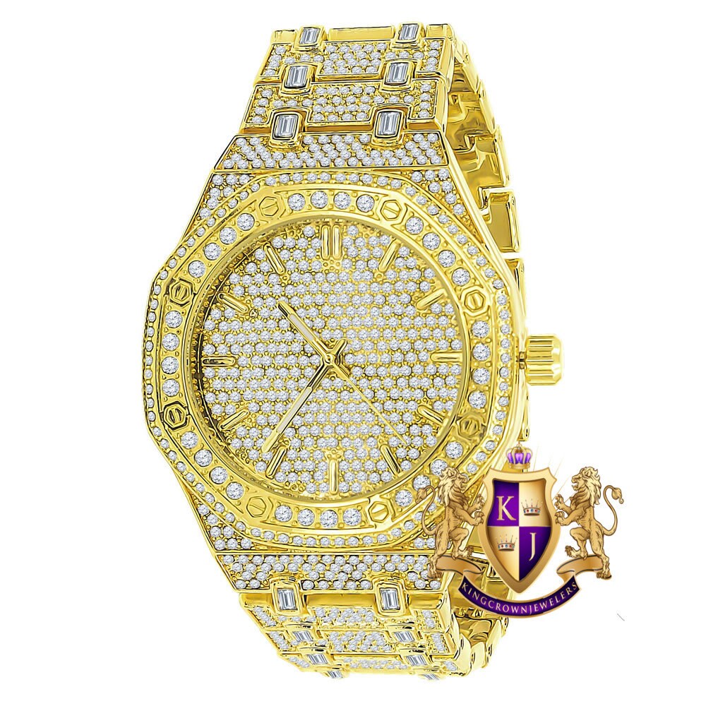 Solid Stainless Steel Back 18k Gold Finish Water Resistance Simulated Diamond Men's Metal Watch