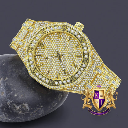 Solid Stainless Steel Back 18k Gold Finish Water Resistance Simulated Diamond Men's Metal Watch