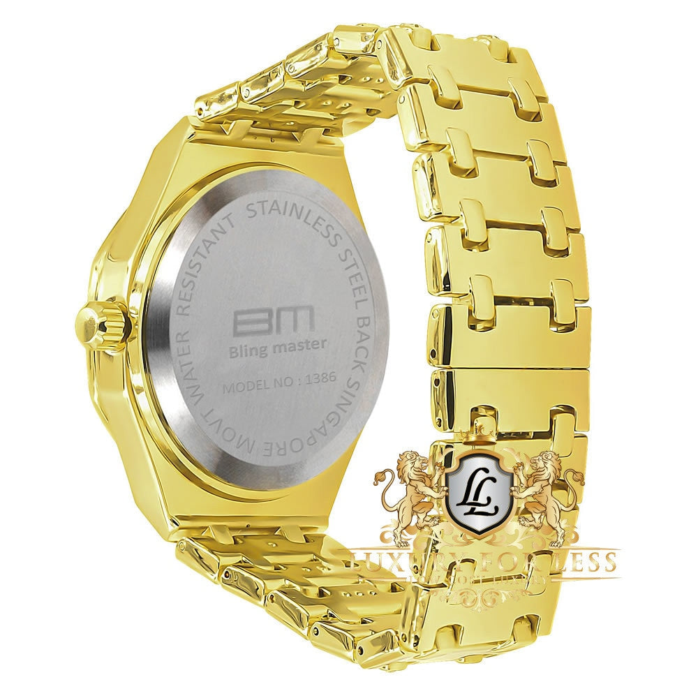 Solid Stainless Steel Back 18k Gold Finish Water Resistance Simulated Diamond Men's Metal Watch