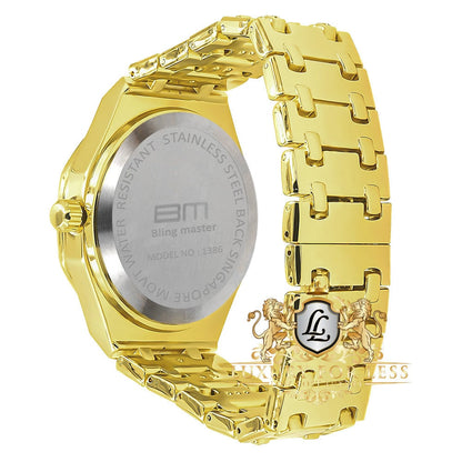 Solid Stainless Steel Back 18k Gold Finish Water Resistance Simulated Diamond Men's Metal Watch