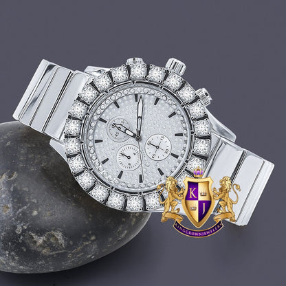18k Gold Finish Simulated Diamond Stainless Steel Back Water Resistance Men's Metal Watch 44mm