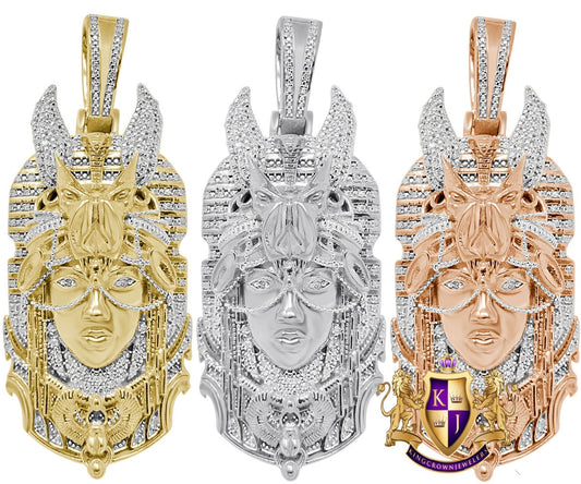 Real Genuine Diamond 24+ Grams Egyptian Winged Scarab Queen Nefertiti Cleopatra Anubis Pendent 10K Gold Over Pharaoh Custom Charm 2.35''