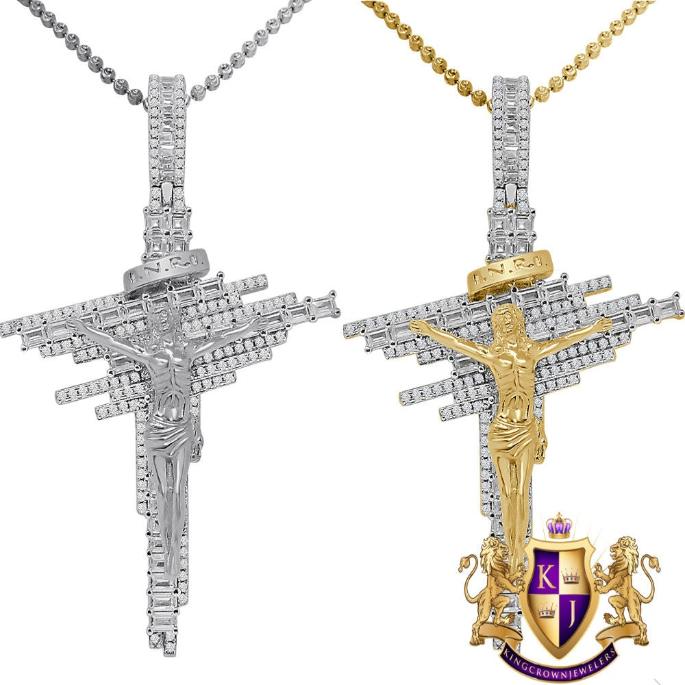 Baguette Real Genuine Sterling Silver Simulated Diamond 14K Gold Finish Jesus Crucifix Cross Charm Pendent + Chain 2.75''