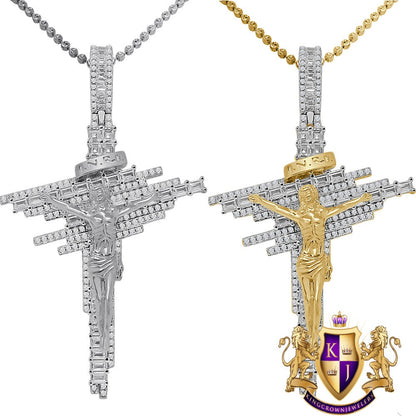 Baguette Real Genuine Sterling Silver Simulated Diamond 14K Gold Finish Jesus Crucifix Cross Charm Pendent + Chain 2.75''
