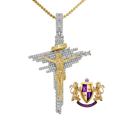 Baguette Real Genuine Sterling Silver Simulated Diamond 14K Gold Finish Jesus Crucifix Cross Charm Pendent + Chain 2.75''